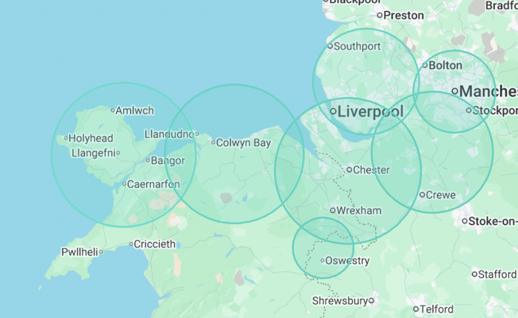 The image shows circles around areas of the North West of England and North Wales. Including: Cheshire, Chester, Manchester, Liverpool, Crewe, Wrexham, Colwyn Bay, Anglesey, Bangor.